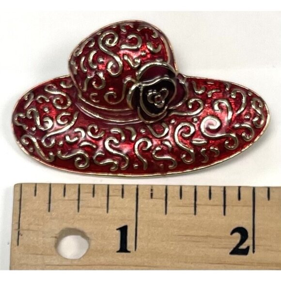 VTG LIZ CLAIBORNE 2.25" Red & Goldtone Enamel Hat BROOCH Pin Flower Signed EUC - Picture 3 of 3
